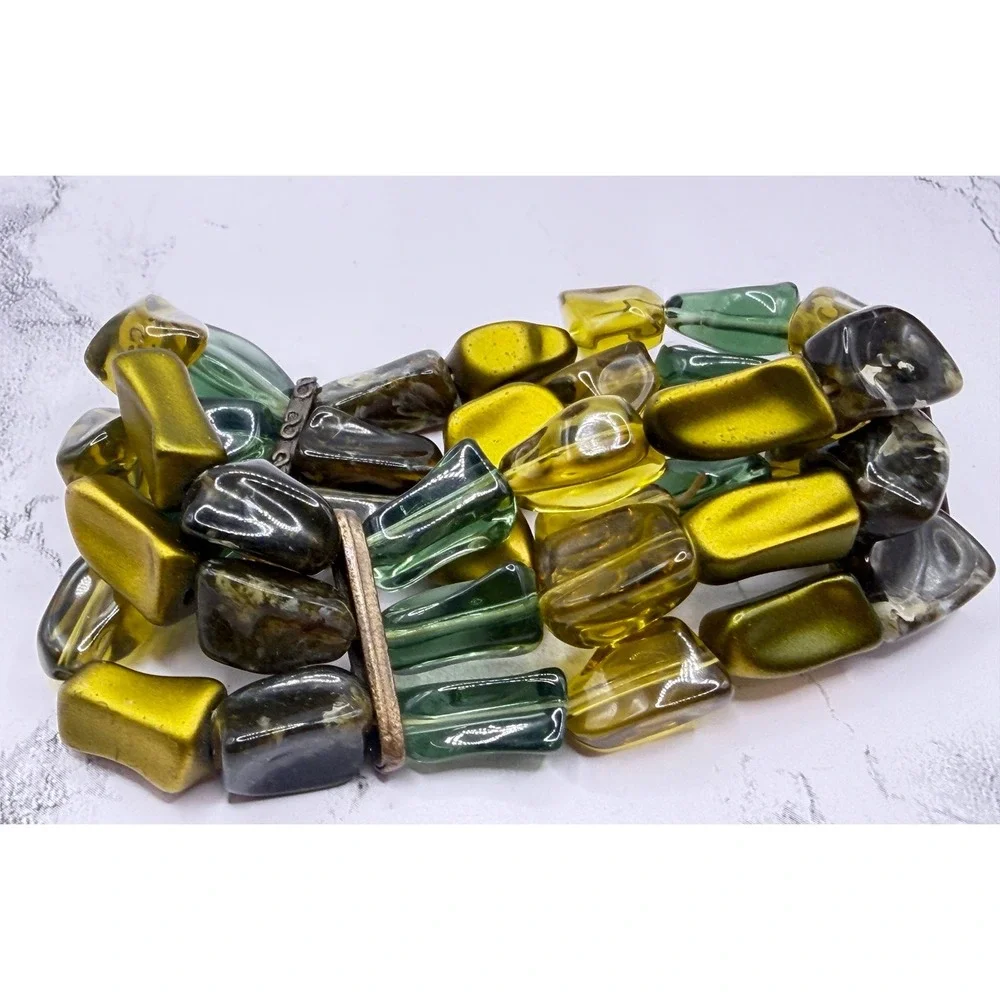 Green Amber Bead Stretch‎ Bracelet Chunky Vintage Style 7 Inch
